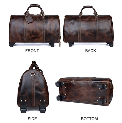 Genuine Leather Trolley Travel Bag with Wheels