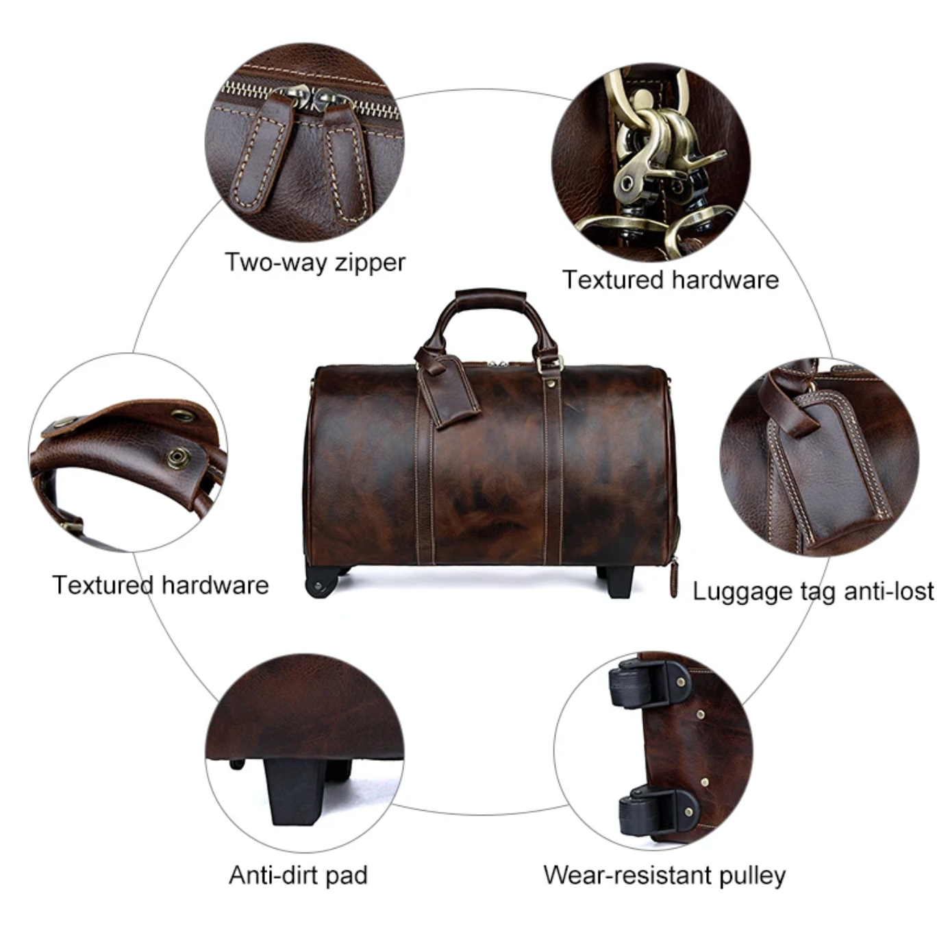 Genuine Leather Trolley Travel Bag with Wheels