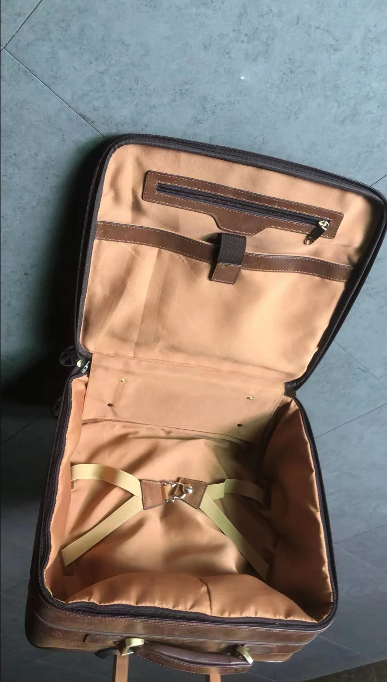 Genuine Leather Trolley Suitcase with Spinner Wheels