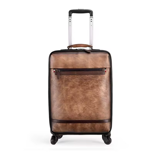 Genuine Leather Spinner Luggage Suitcase Carry-On with Universal Wheels