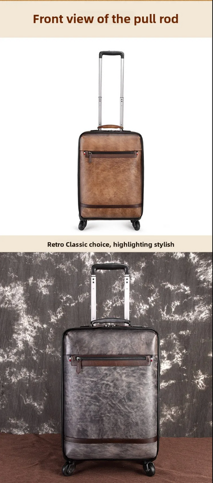 Genuine Leather Spinner Luggage Suitcase Carry-On with Universal Wheels