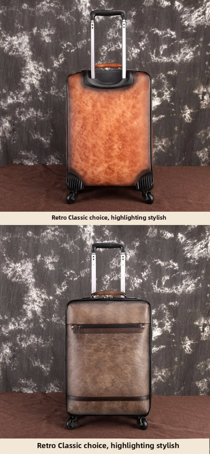 Genuine Leather Spinner Luggage Suitcase Carry-On with Universal Wheels