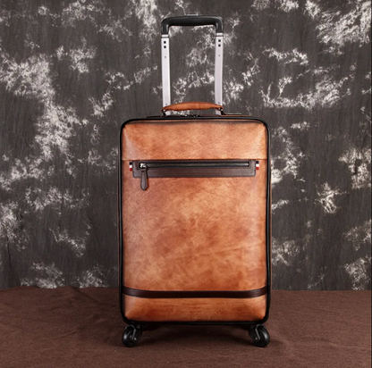 Genuine Leather Spinner Luggage Suitcase Carry-On with Universal Wheels