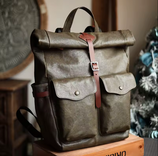 Men's Genuine Cowhide Leather Laptop Roll Top Rucksack