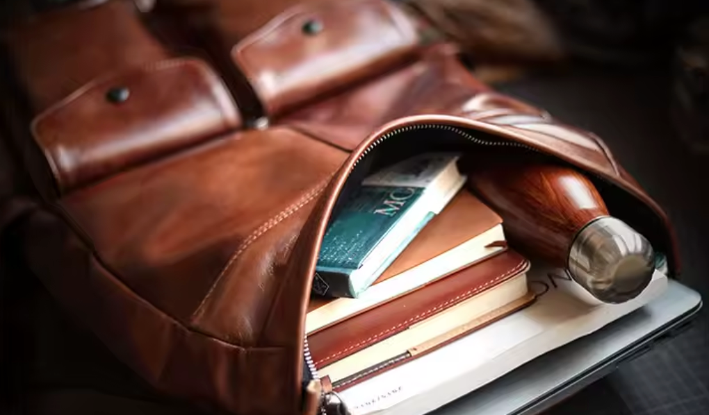 Men's Genuine Cowhide Leather Laptop Roll Top Rucksack