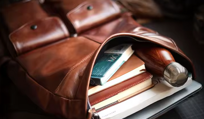 Men's Genuine Cowhide Leather Laptop Roll Top Rucksack