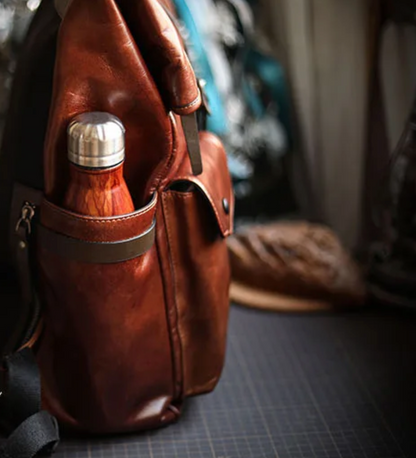 Men's Genuine Cowhide Leather Laptop Roll Top Rucksack