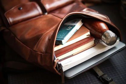 Men's Genuine Cowhide Leather Laptop Roll Top Rucksack