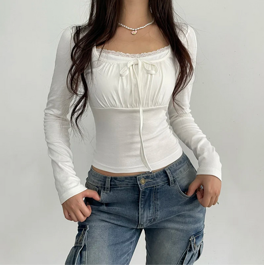 Women  Ruched Bust Square Neck Lace Trim Long Sleeve Top