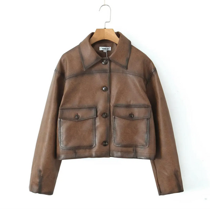 Gradient Brown PU Faux Leather Jacket Women