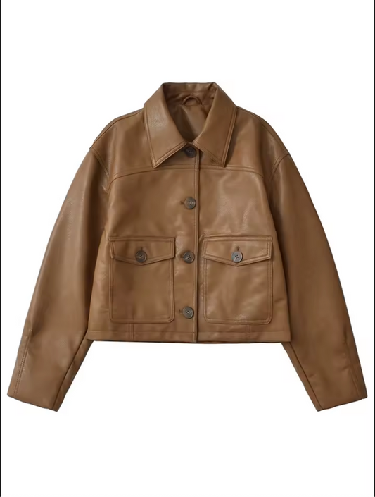 Tan Faux Leather Crop Jacket Women’s Boxy Fit