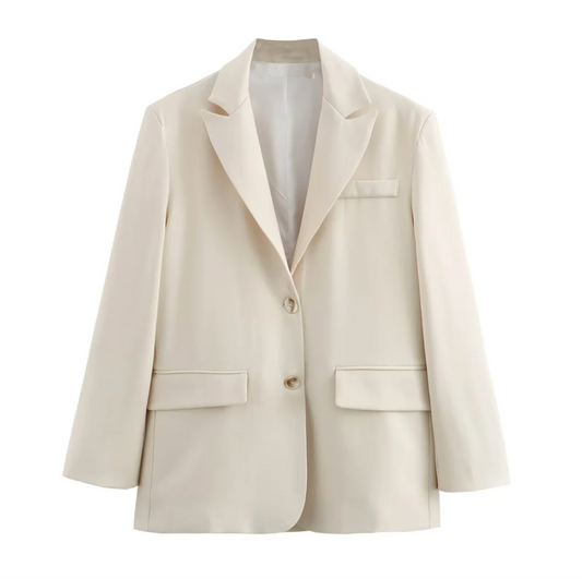 Beige Oversized Blazer Jacket Women Loose Fit Casual Office Wear