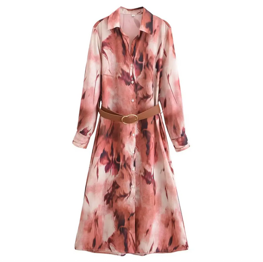 Women's Long Sleeve Floral Shirt Dress with Belt – Button Down Midi Style