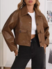 Women’s Brown Cropped Faux Leather Bomber Jacket with Flap Pockets