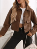 Women’s Brown Cropped Faux Leather Bomber Jacket with Flap Pockets