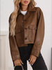 Women’s Brown Cropped Faux Leather Bomber Jacket with Flap Pockets