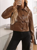 Women’s Brown Cropped Faux Leather Bomber Jacket with Flap Pockets