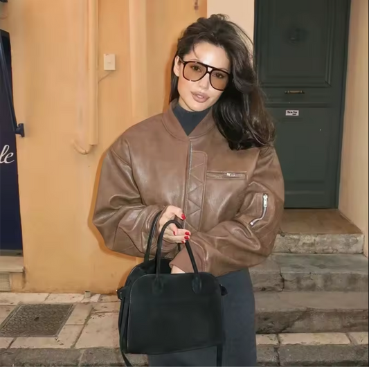 Oversized Brown Faux Leather Bomber Jacket for Women