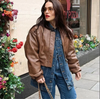 Oversized Brown Faux Leather Bomber Jacket for Women