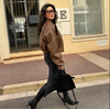 Oversized Brown Faux Leather Bomber Jacket for Women