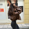 Oversized Brown Faux Leather Bomber Jacket for Women