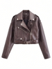 Brown Cropped Faux Leather Biker Jacket with Belt for Women