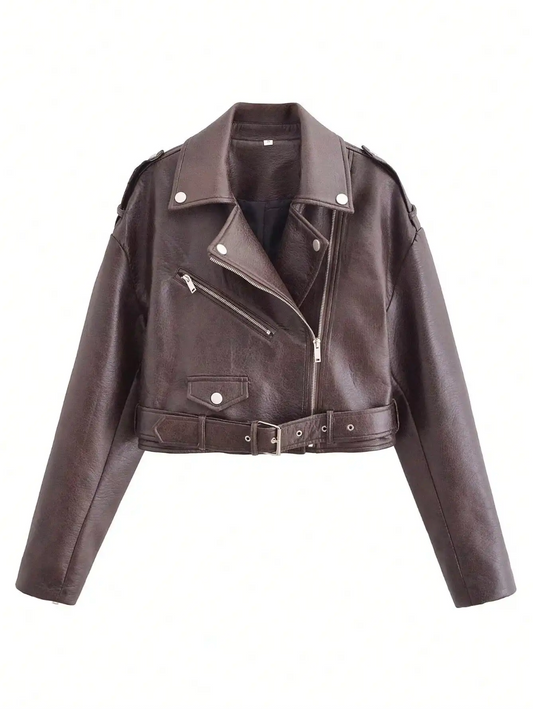Brown Cropped Faux Leather Biker Jacket with Belt for Women