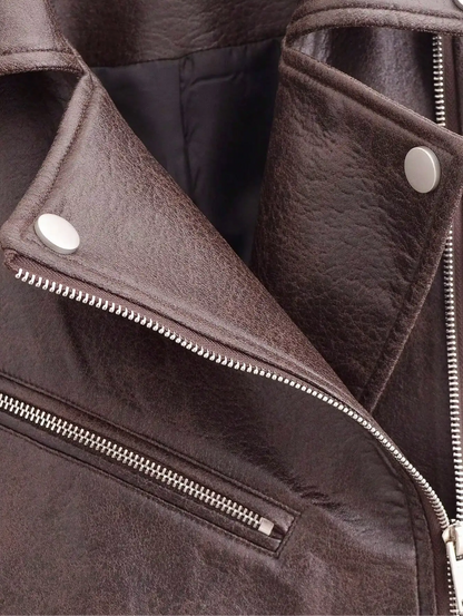 Brown Cropped Faux Leather Biker Jacket with Belt for Women