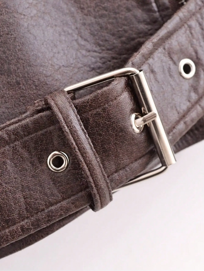 Brown Cropped Faux Leather Biker Jacket with Belt for Women