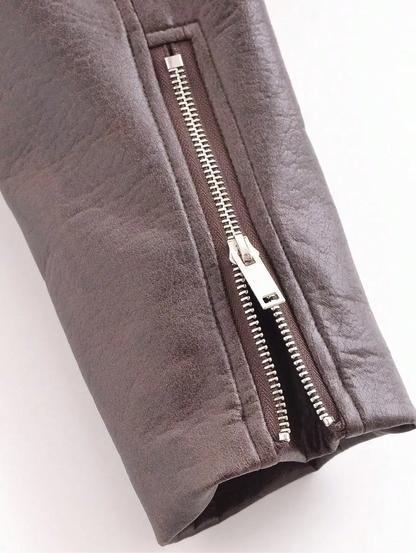 Brown Cropped Faux Leather Biker Jacket with Belt for Women