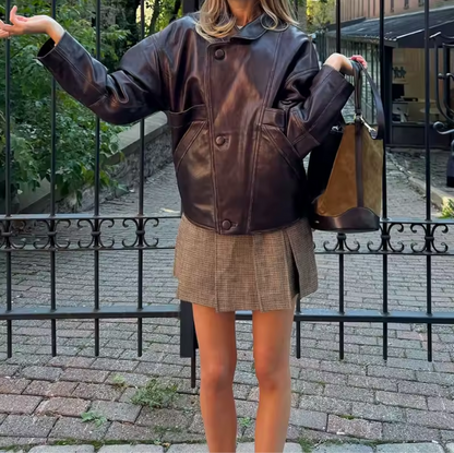 Burgundy Oversized Faux Leather Jacket for Women