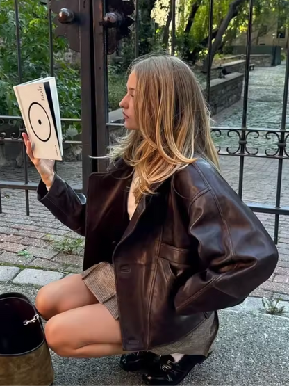 Burgundy Oversized Faux Leather Jacket for Women