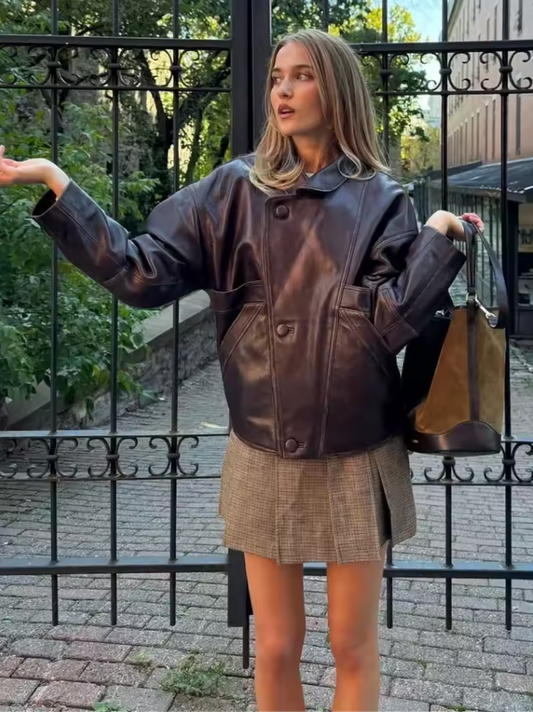Burgundy Oversized Faux Leather Jacket for Women