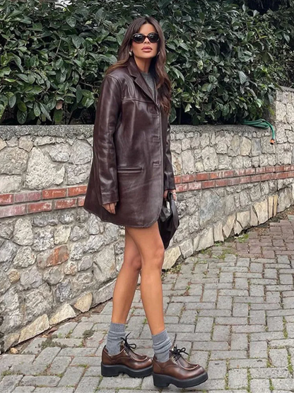 Women’s Brown Faux Leather Blazer Coat