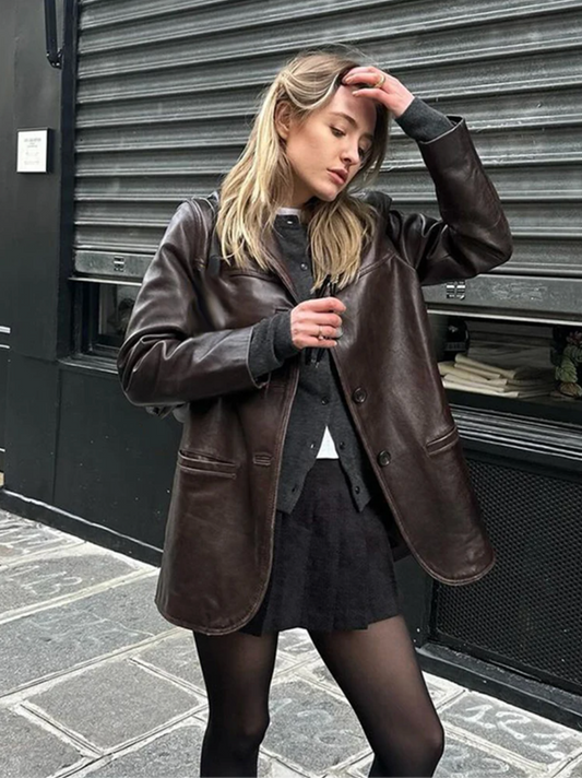 Women’s Brown Faux Leather Blazer Coat