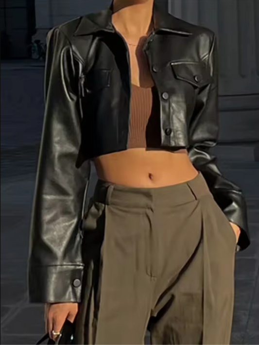 Women's Cropped Black Faux Leather Jacket Long Sleeve