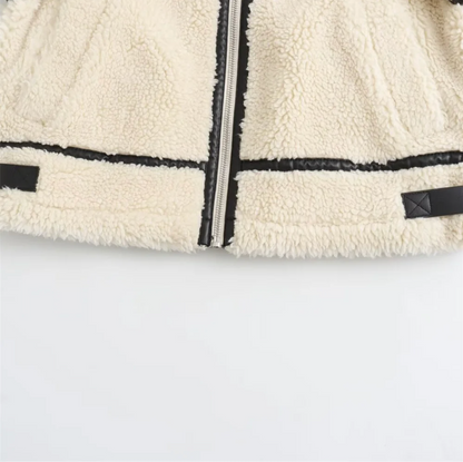 Ivory Faux Shearling Biker Jacket with Aviator Collar