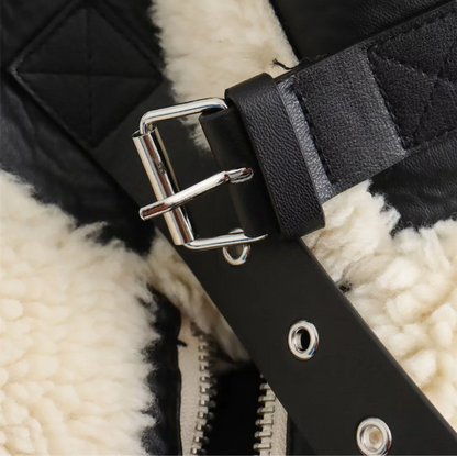 Ivory Faux Shearling Biker Jacket with Aviator Collar
