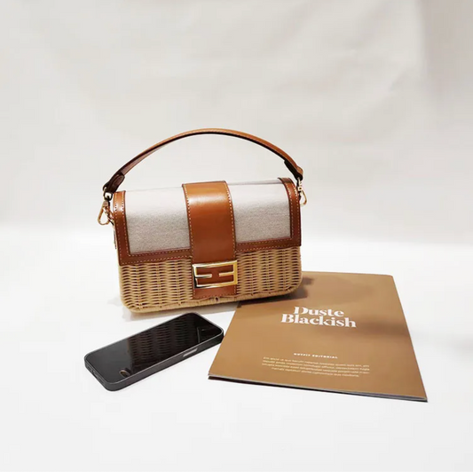 Handmade Woven Rattan Crossbody Bag with Leather Trim