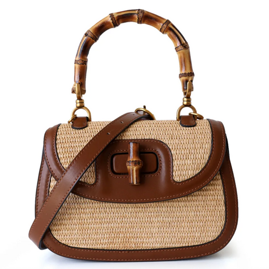 Leather Bamboo Handbag Straw Shoulder Bag with Handle
