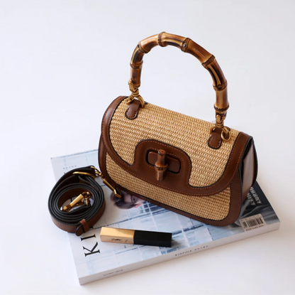 Leather Bamboo Handbag Straw Shoulder Bag with Handle