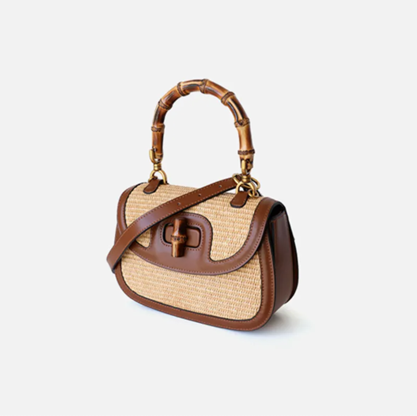 Leather Bamboo Handbag Straw Shoulder Bag with Handle