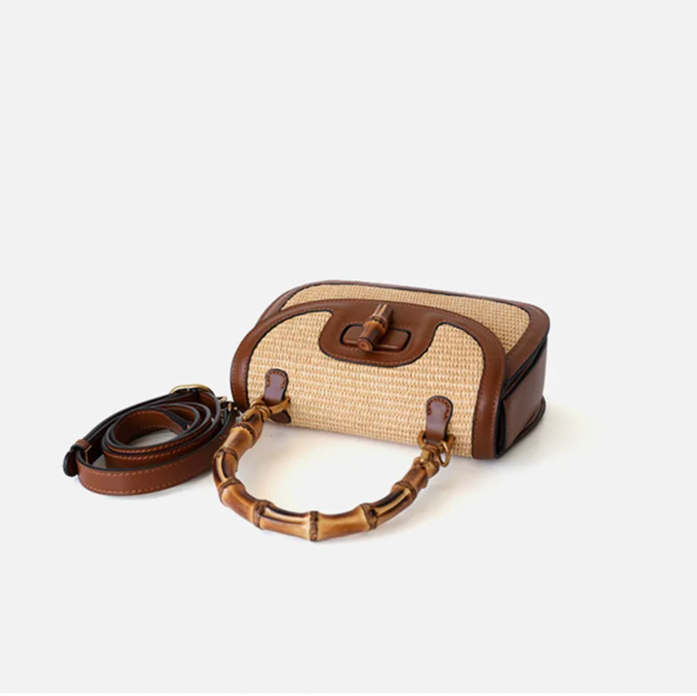 Leather Bamboo Handbag Straw Shoulder Bag with Handle
