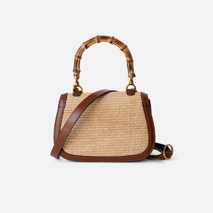 Leather Bamboo Handbag Straw Shoulder Bag with Handle