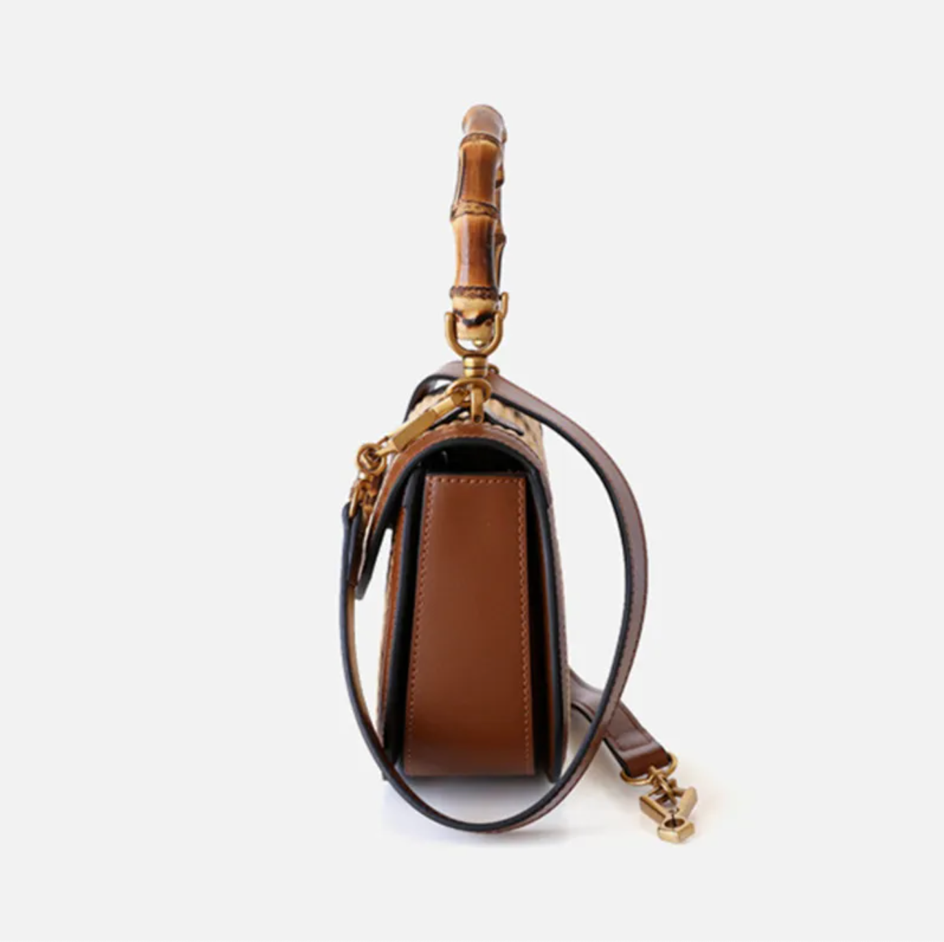Leather Bamboo Handbag Straw Shoulder Bag with Handle