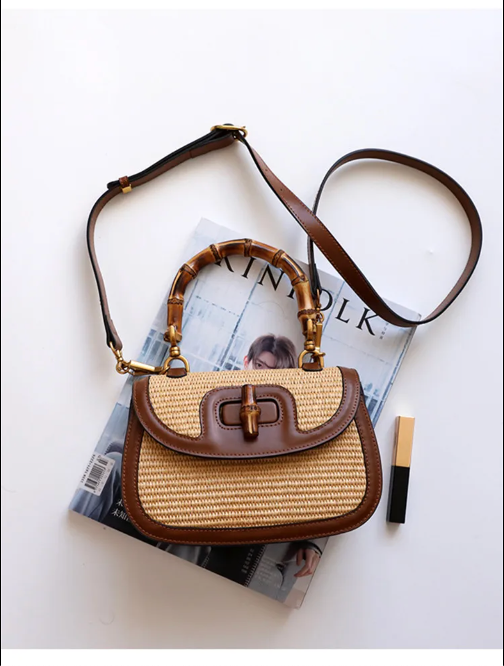 Leather Bamboo Handbag Straw Shoulder Bag with Handle