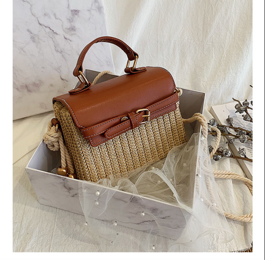 Small Summer Straw Handbag with Leather Flap & Rope Shoulder Strap