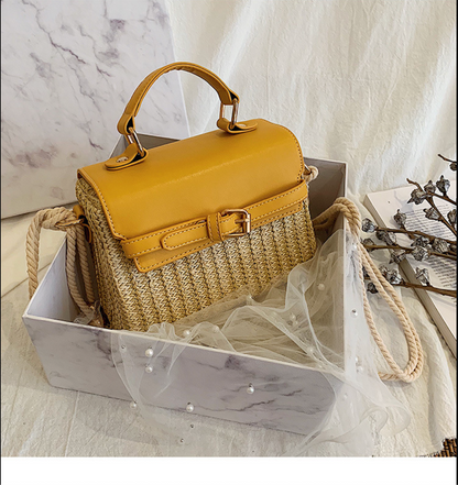 Small Summer Straw Handbag with Leather Flap & Rope Shoulder Strap