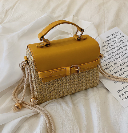 Small Summer Straw Handbag with Leather Flap & Rope Shoulder Strap