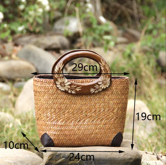 Handwoven Summer Straw Tote Purse with Wooden Handles